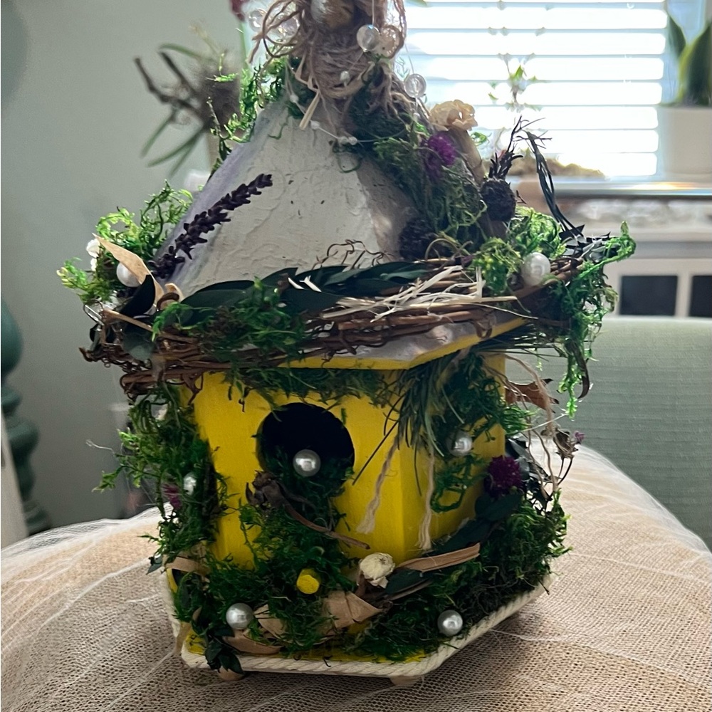 Decorative Yellow Birdhouse with Green Accents